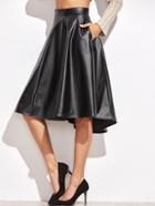 Romwe Black Faux Leather Asymmetric Paneled Skirt