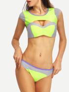 Romwe Contrast Trim Striped Cutout Bikini Set
