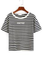 Romwe Ribbed Neck Striped Letter Print T-shirt - Navy
