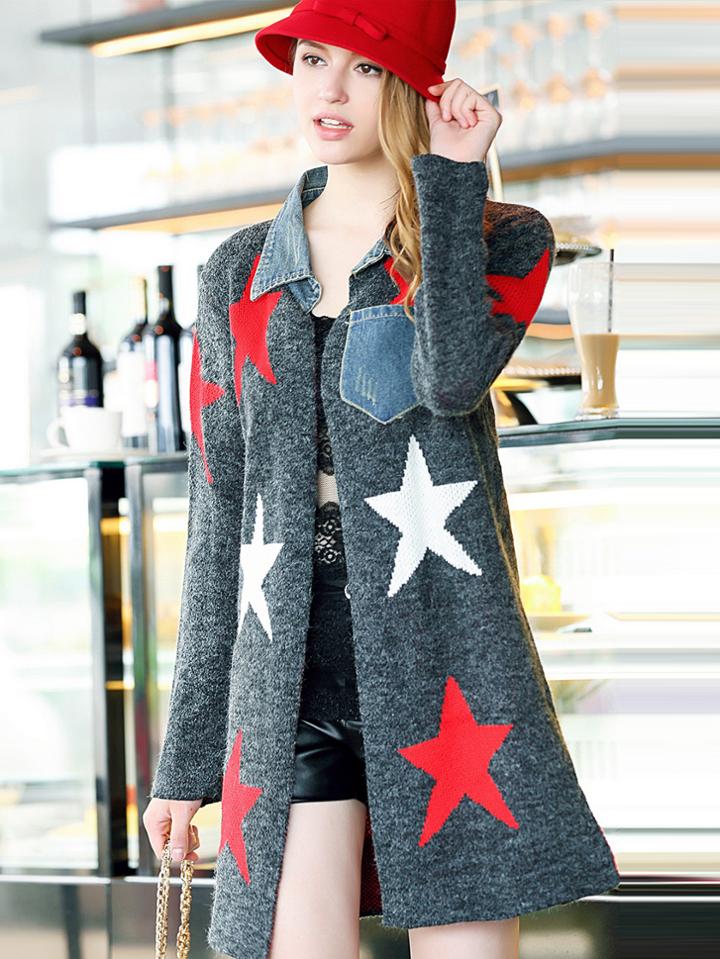 Romwe Dark Grey Lapel Long Sleeve Star Knit Pockets Coat