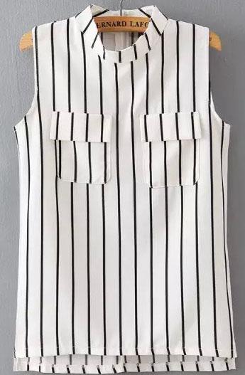 Romwe Stand Collar With Pockers Vertical Striped White Tank Top
