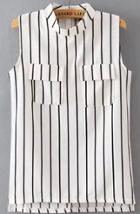 Romwe Stand Collar With Pockers Vertical Striped White Tank Top