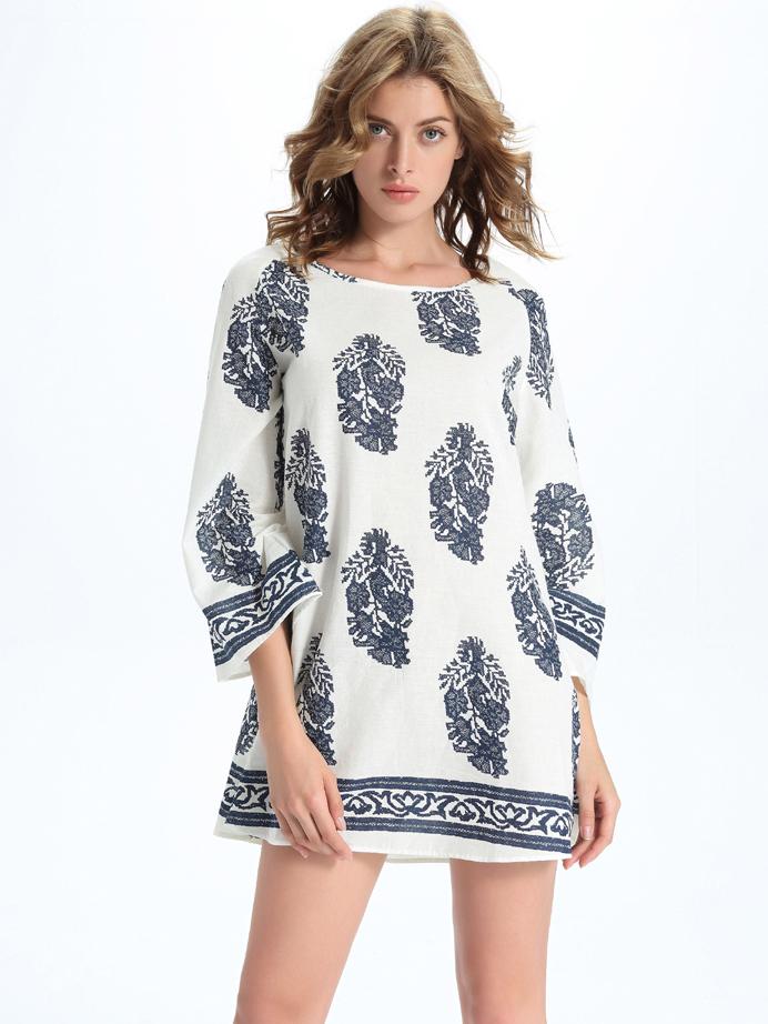 Romwe White Botanical Print Tunic Dress