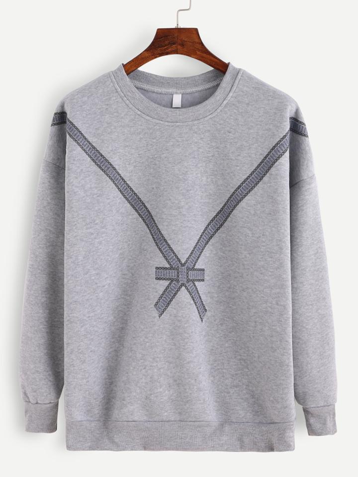 Romwe Light Grey Tape Print Dropped Shoulder Seam Sweatshirt