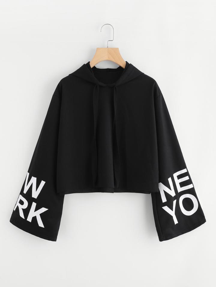 Romwe Letter Print Raw Hem Crop Hoodie