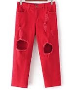 Romwe Red Knee Ripped Pockets Pants