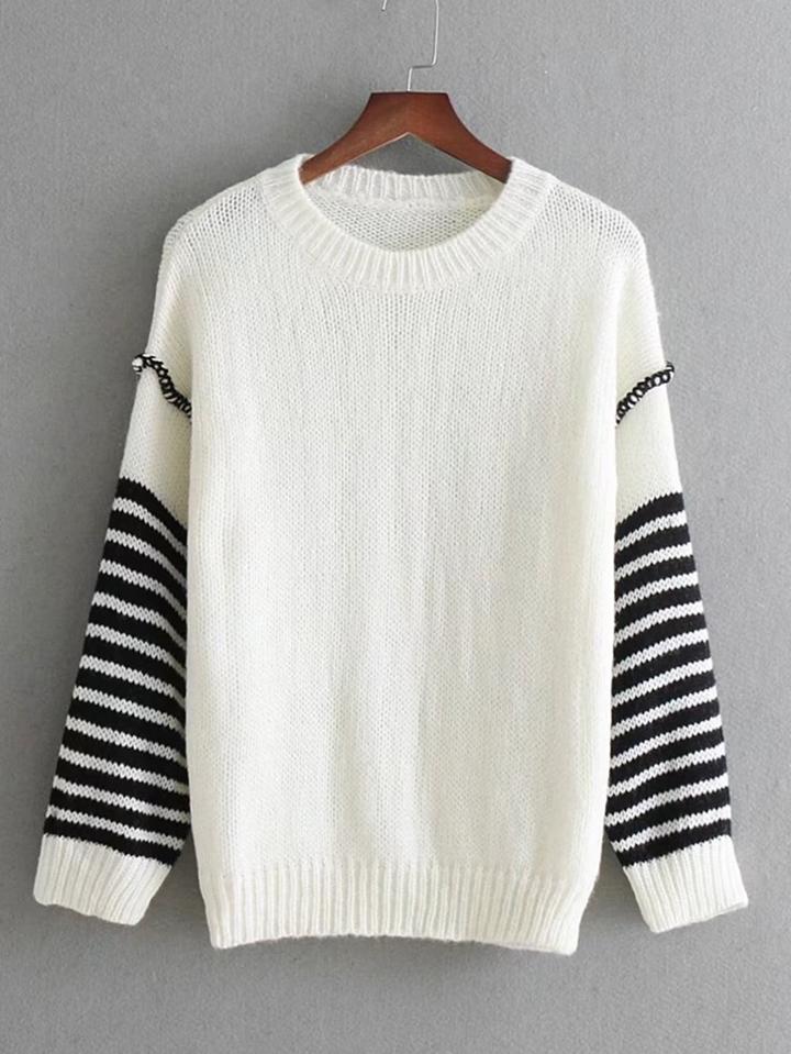 Romwe Striped Sleeve Drop Shoulder Sweater
