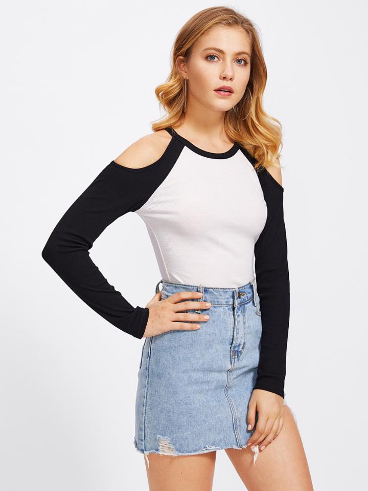 Romwe Open Shoulder Contrast Raglan Sleeve Tee
