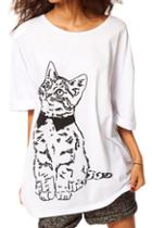 Romwe Cat Print Cropped White T-shirt