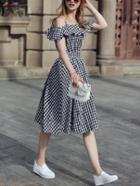 Romwe Black Checkerboard Fold Over Cold Shoulder Dress