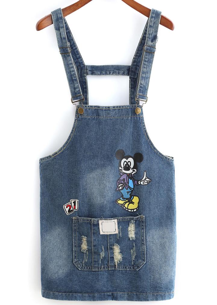 Romwe Straps With Pocket Mickey Print Denim Dress