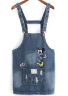 Romwe Straps With Pocket Mickey Print Denim Dress