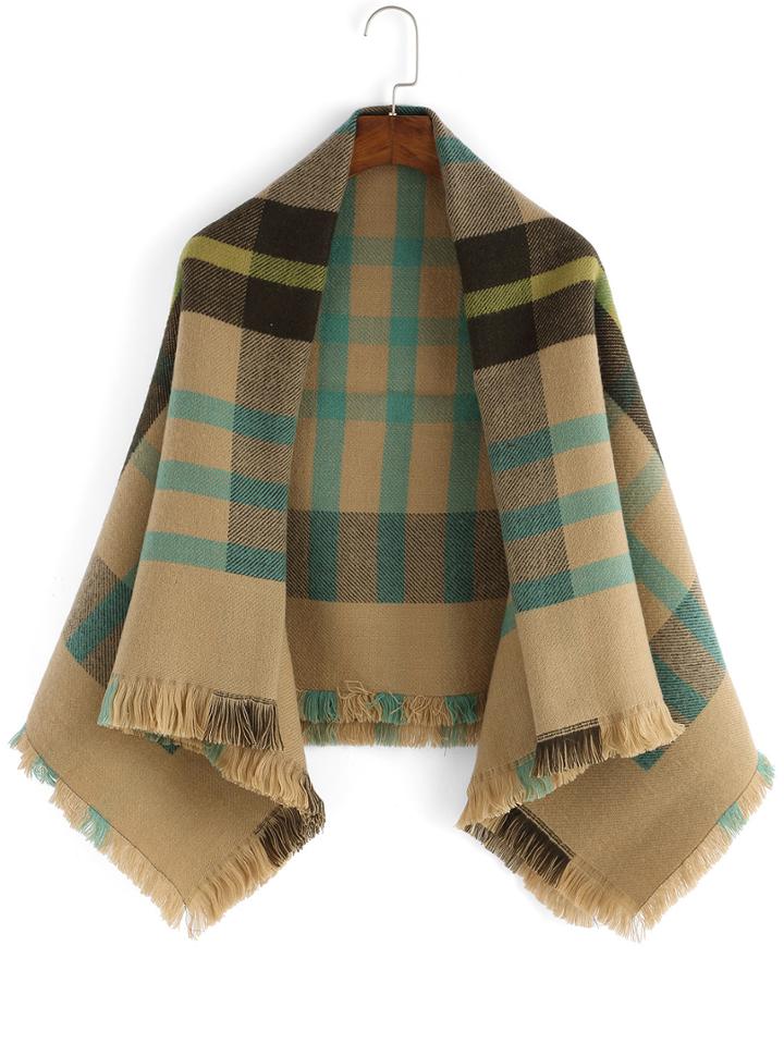 Romwe Checkered Fringe Khaki Scarf