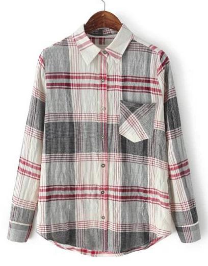 Romwe Lapel Plaid Pocket Grey Blouse
