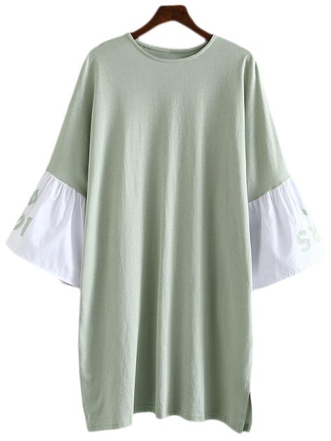 Romwe Green Letters Printing Bell Sleeve Dress