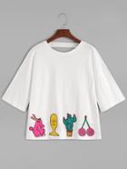 Romwe White Cut Out Back Cartoon Embroidered T-shirt