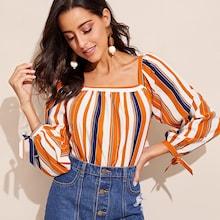 Romwe Square Neck Knot Cuff Striped Top