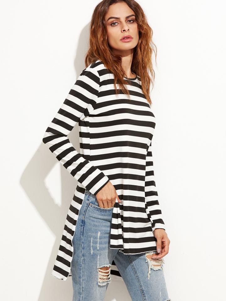 Romwe Black And White Striped High Low T-shirt