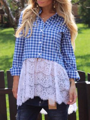 Romwe Lapel Plaid Contrast Lace Blue Blouse