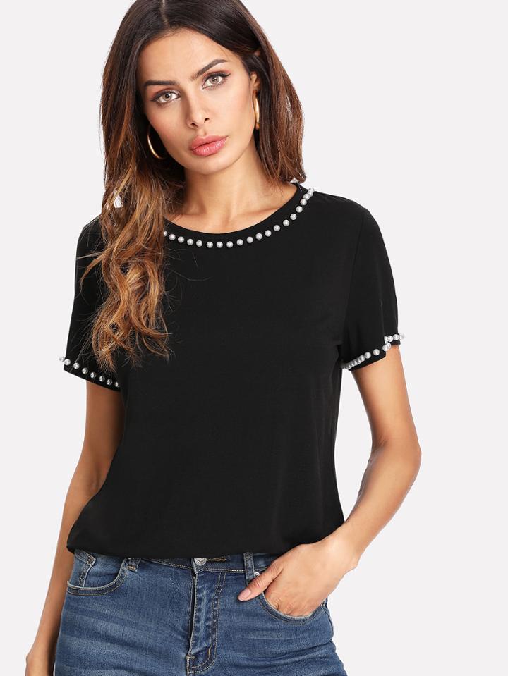 Romwe Pearl Embellished T-shirt