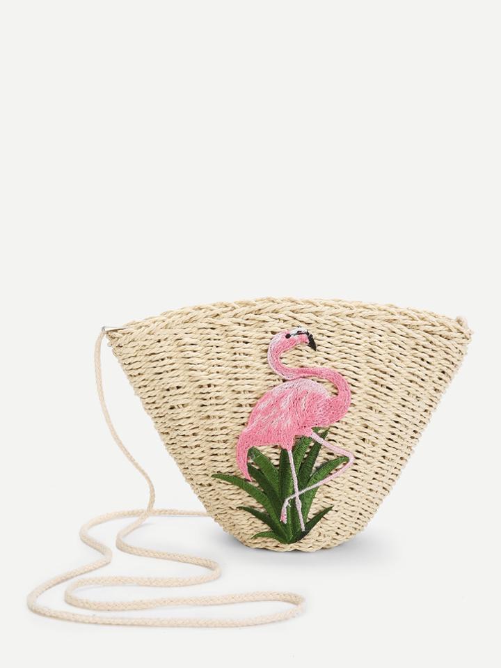 Romwe Flamingo Pattern Straw Tote Bag