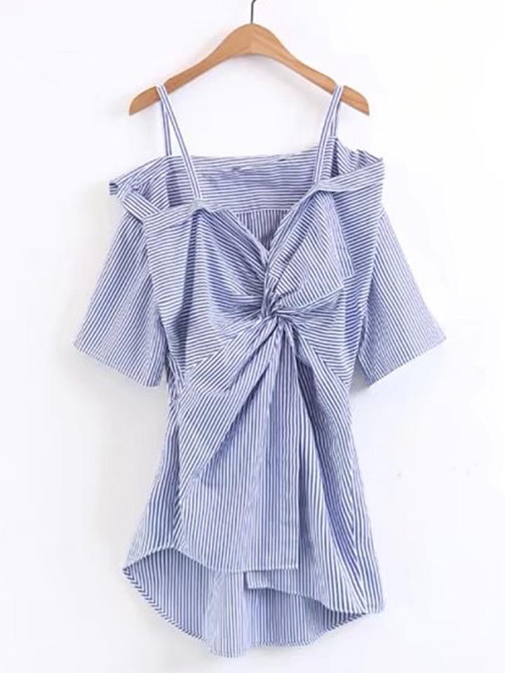 Romwe Cold Shoulder Knot Detail Asymmetrical Hem Blouse
