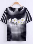 Romwe Navy Flower Applique Stripe T-shirt