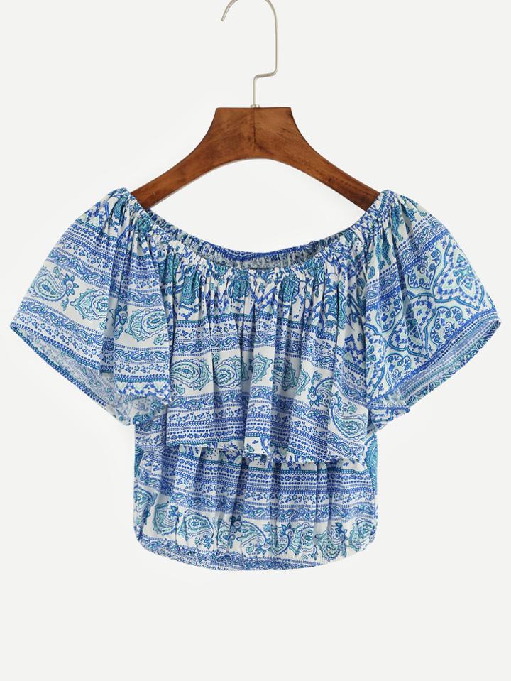 Romwe Tribal Print Ruffle Shirred Crop Top
