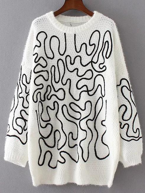 Romwe White Abstract Print Slouchy Sweater