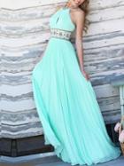Romwe Mint Green Embroidered Keyhole Halter Neck Pleated Dress
