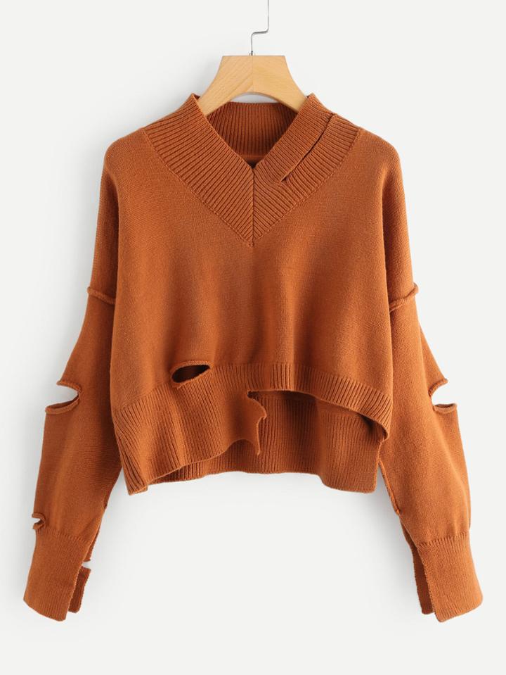 Romwe Asymmetrical Hem Ripped Knit Sweater