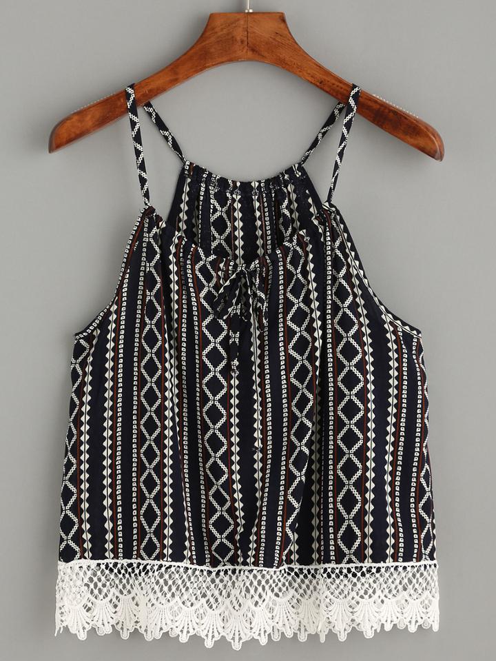 Romwe Spaghetti Strap Geometric Print Contrast Hem Cami Top