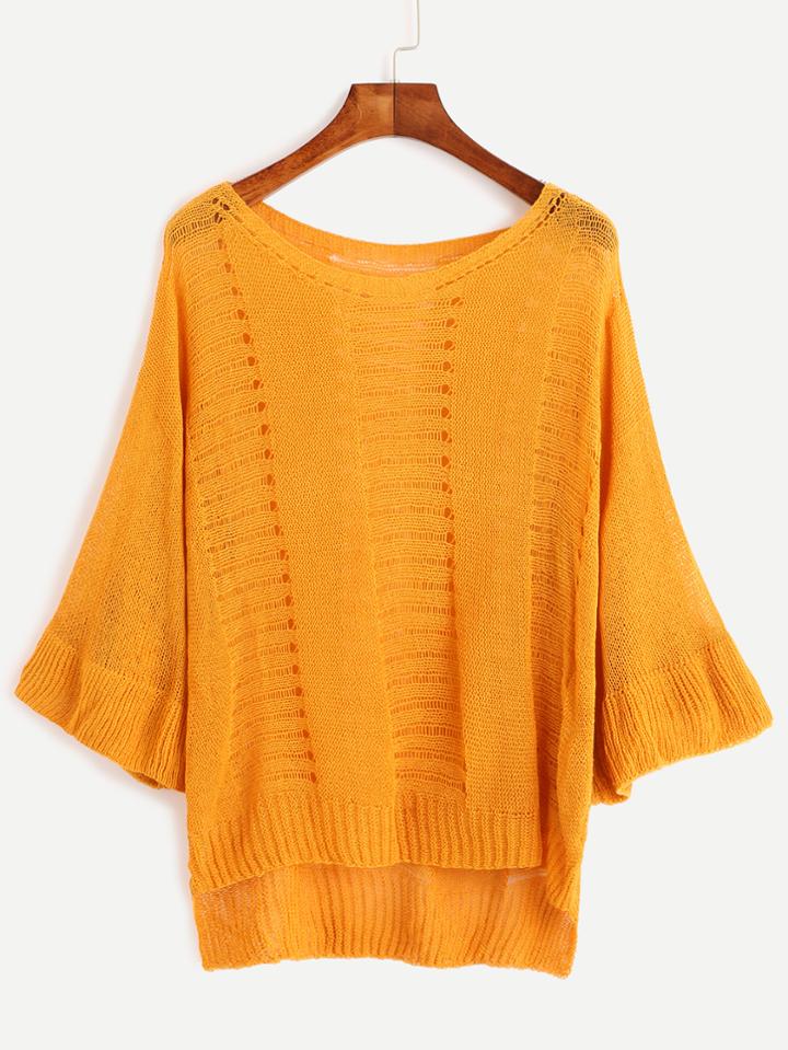 Romwe Yellow Ruffle Sleeve High Low Sweater