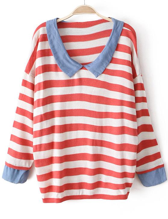 Romwe Contrast Denim Collar Striped Red Sweater
