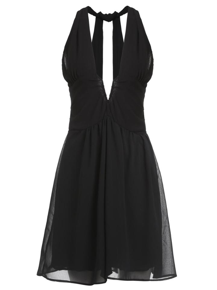 Romwe Black Deep V Neck Cut Out Back Chiffon Dress