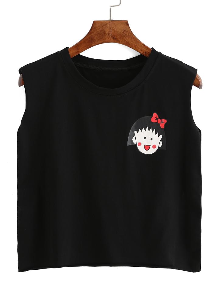 Romwe Cartoon Print Black Tank Top