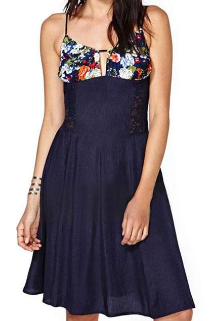 Romwe Romwe Straps Floral Print Lace Panel Pleated Dark-blue Dress
