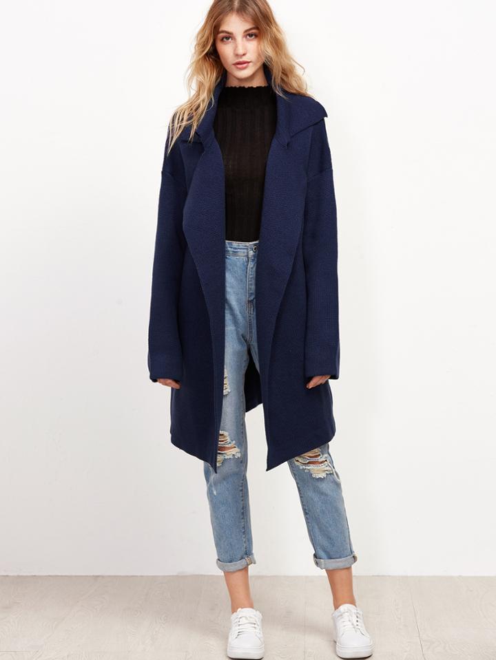 Romwe Navy Notch Collar Drop Shoulder Sweater Coat