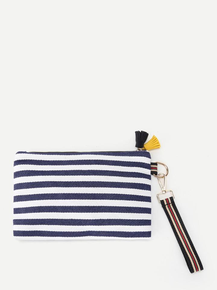 Romwe Tassel Detail Striped Print Clutch Bag