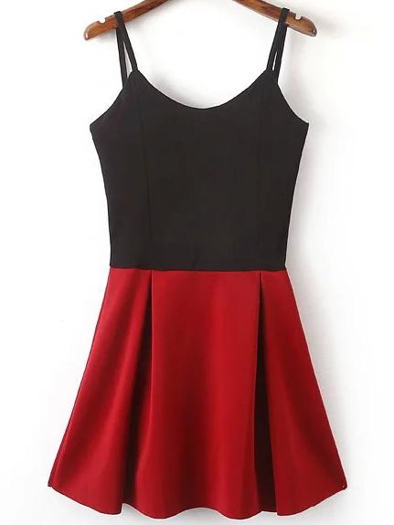 Romwe Contrast Spaghetti Strap Pleated Burgundy Dress