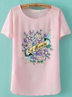 Romwe Round Neck Flower Print Chiffon Pink T-shirt