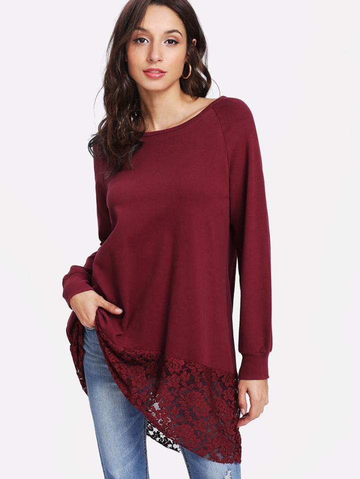 Romwe Raglan Sleeve Lace Hem Tee