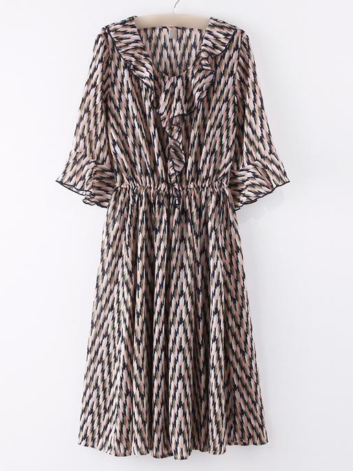 Romwe Multicolor Ruffle Sleeve Printed Chiffon Dress