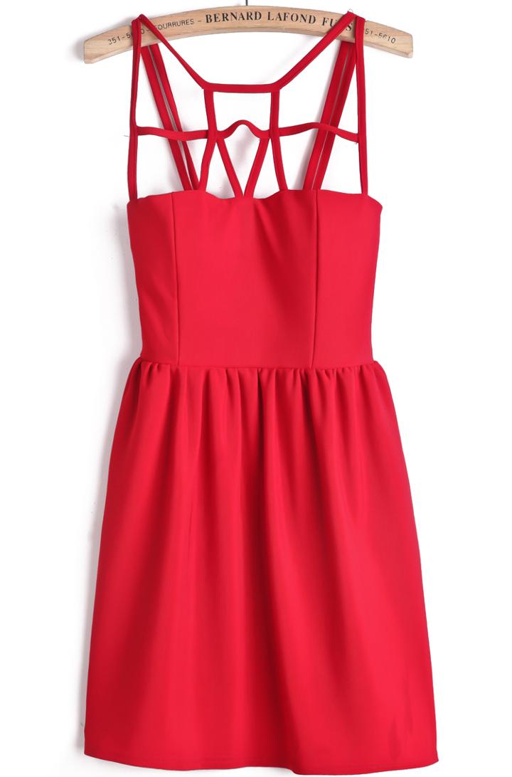 Romwe Cut-out Upper Sleeveless Red Smock Dress