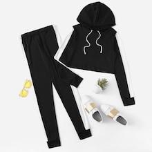 Romwe Contrast Panel Drawstring Hooded Top With Pants