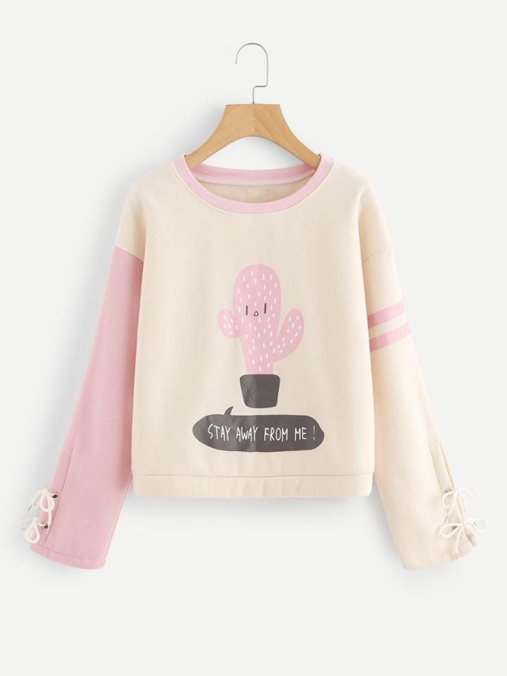 Romwe Cactus Print Varsity Striped Lace Sleeve Sweatshirt