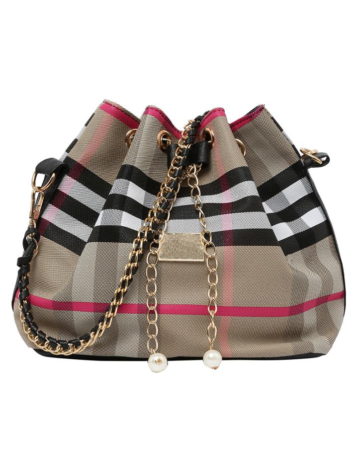 Romwe Plaid Pearl Embellished Chain Bucket Bag