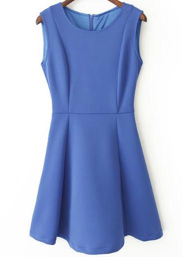 Romwe Blue Sleeveless Slim Ruffle Dress