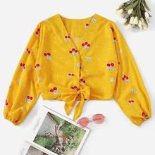 Romwe Fruit Print Knot Hem Crop Blouse