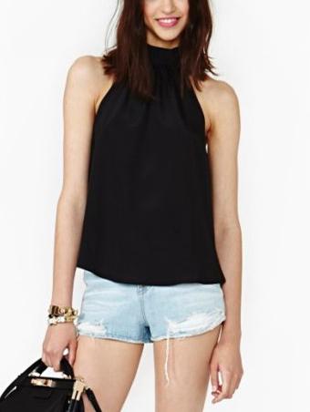 Romwe Black High Neck Split Back Top